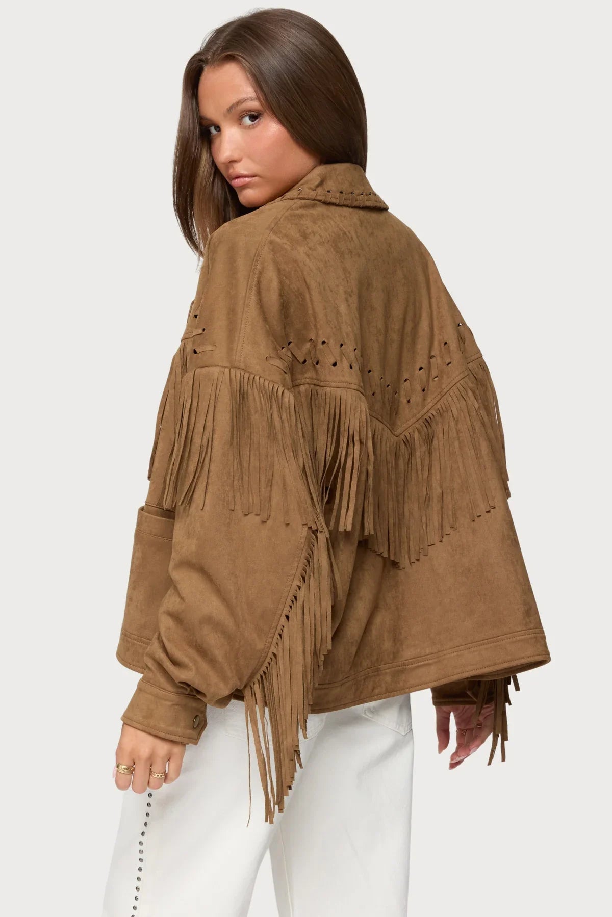 Evonka Fringe Faux Suede Jacket